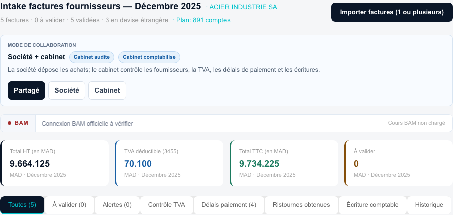 Écran Achats : factures fournisseurs lues et prêtes à valider