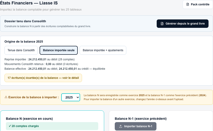 Écran États financiers de Consolith : origine de la balance, reprise et génération de la liasse IS
